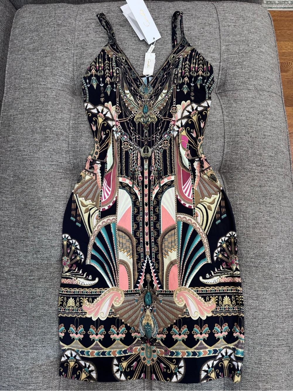 Camilla They Called Her Nefertari V Neck Black Multicolor Mini Dress size XS